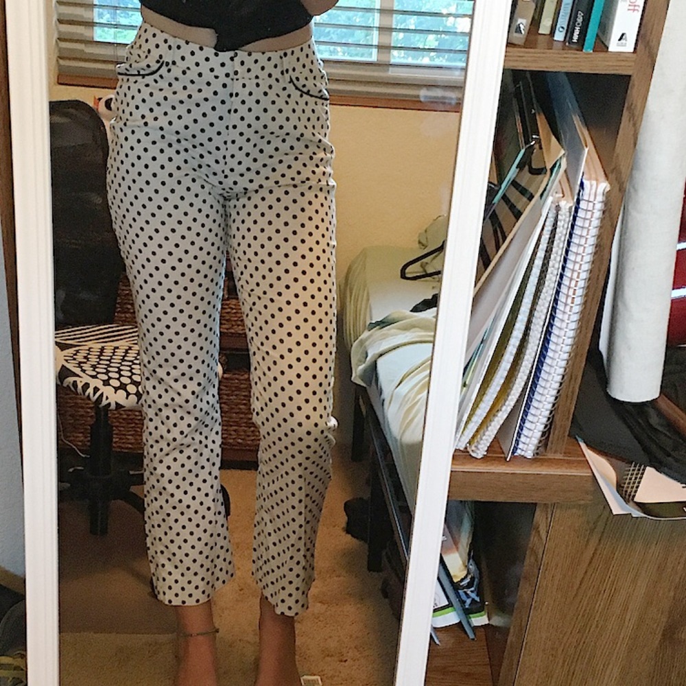 White tailored work pants with black polka dots
